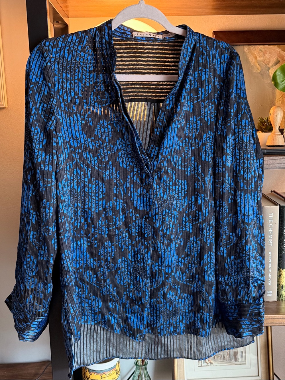 alice + olivia Blue and Black Sheer Floral Blouse
